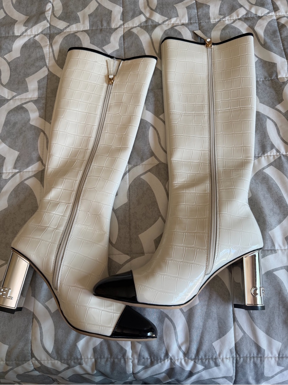 CHANEL White Croc-Embossed Over-the-Knee Boots with Black Cap Toe - Picture 4 of 10